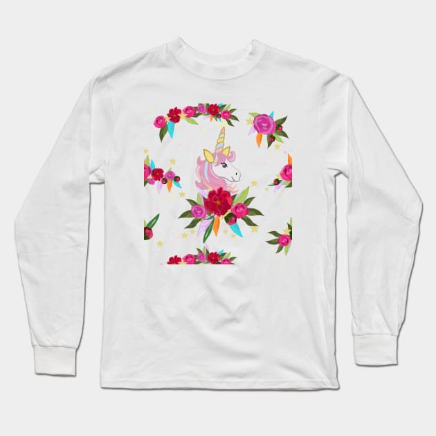 Unicorn with colorful roses Long Sleeve T-Shirt by GULSENGUNEL